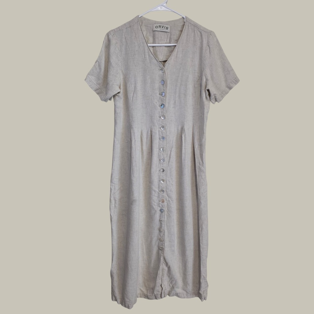 Orvis Womens Linen Blend Dress Size 10 Beige Jumper Midi Minimalist Lagenlook
